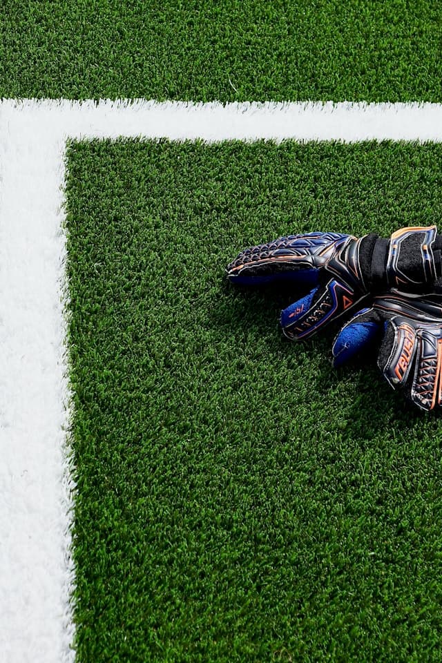 Goalkeeper gloves resting on the pitch line
